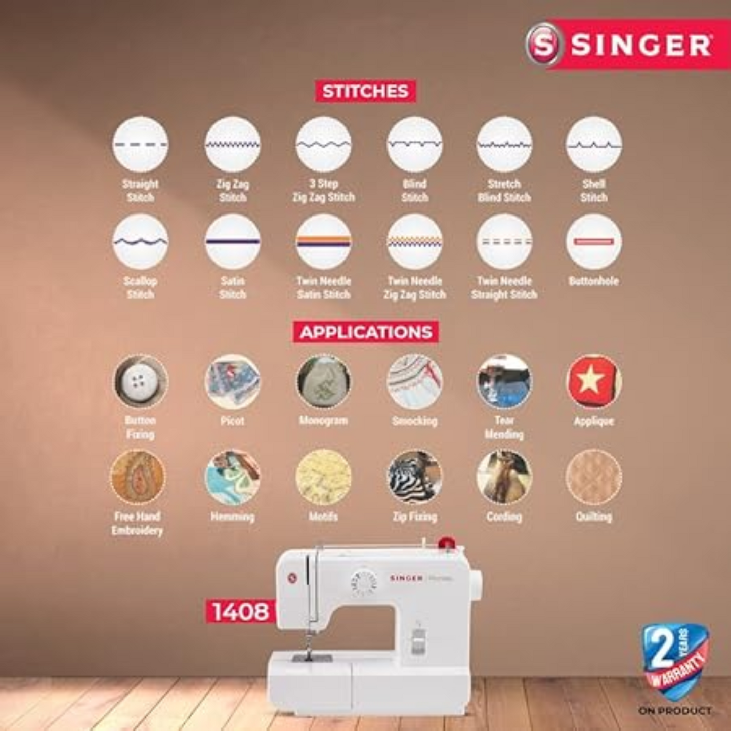 Singer promise 1408 automatic zig-zag electric metal frame - Sewing machine - White - Front view