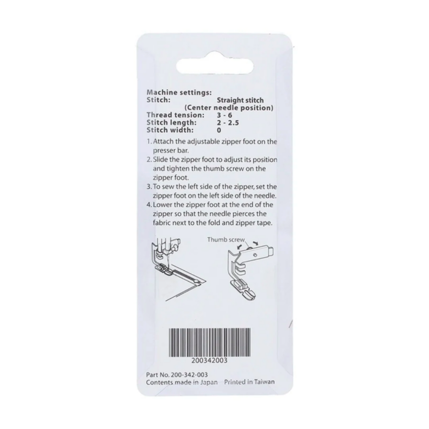 Janome - zipper foot - SIlver - Packet