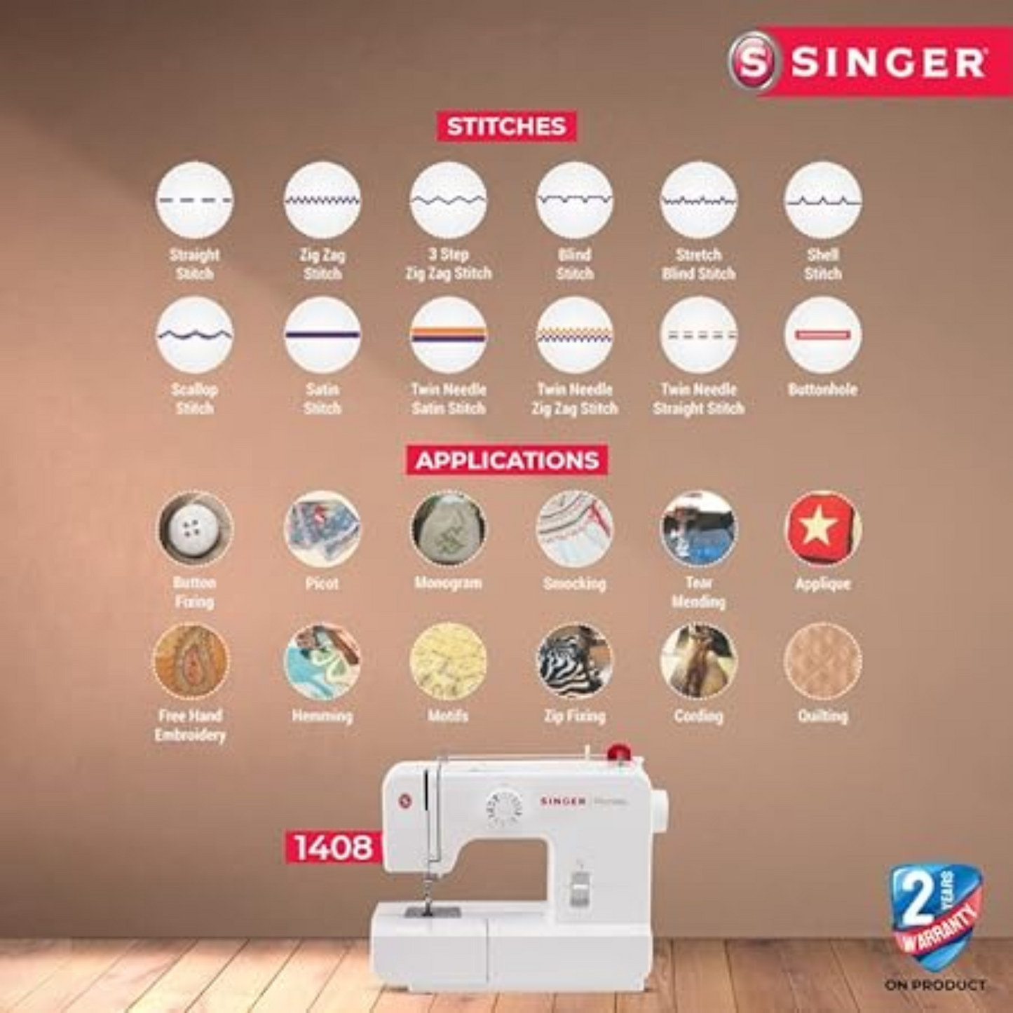 Singer promise 1408 automatic zig-zag electric metal frame  - Sewing machine - White - Front view